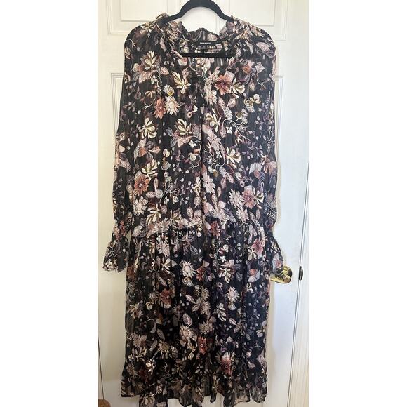 Sabina Musayev Geneva Floral Dress Sheer Metallic Black Sheer Long Sleeve Sz XS - Picture 8 of 15